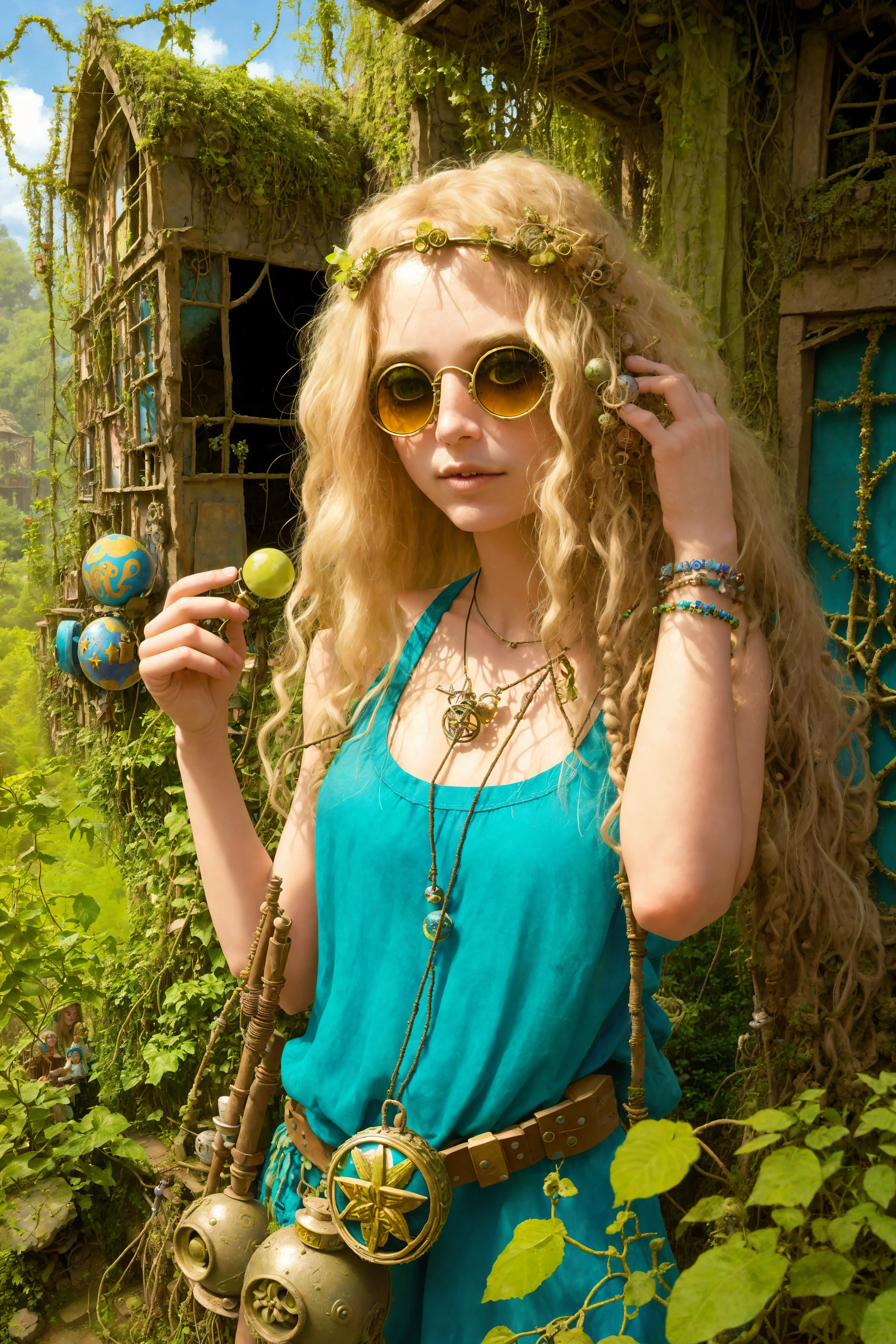 (1girl:0.7), hippy chick, frizzy blonde hair, detailed face and eyes, round sunglasses, bong, cluttered enviroment, overgrown, vines, stone path, complex, intricate, (hippy shack:1.1),( psychedelic:1.1), one pill makes you larger, another makes you small, go ask alice, I think she'll know, (by ernie barnes and tom bagshaw:1.1)