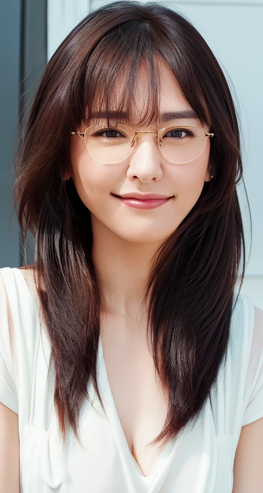 gakki,{best quality}, {{masterpiece}}, {highres}, {an extremely delicate and beautiful}, extremely detailed face, extremely detailed eyes,
original, depth of field,
long_hair, windy,
looking_at_viewer, realistic,
solo, upper_body, big smile,
brown_eyes, red_lips,
white office shirt,
hair_ornament, hair_flower, brown_hair,
collarbone, glasses