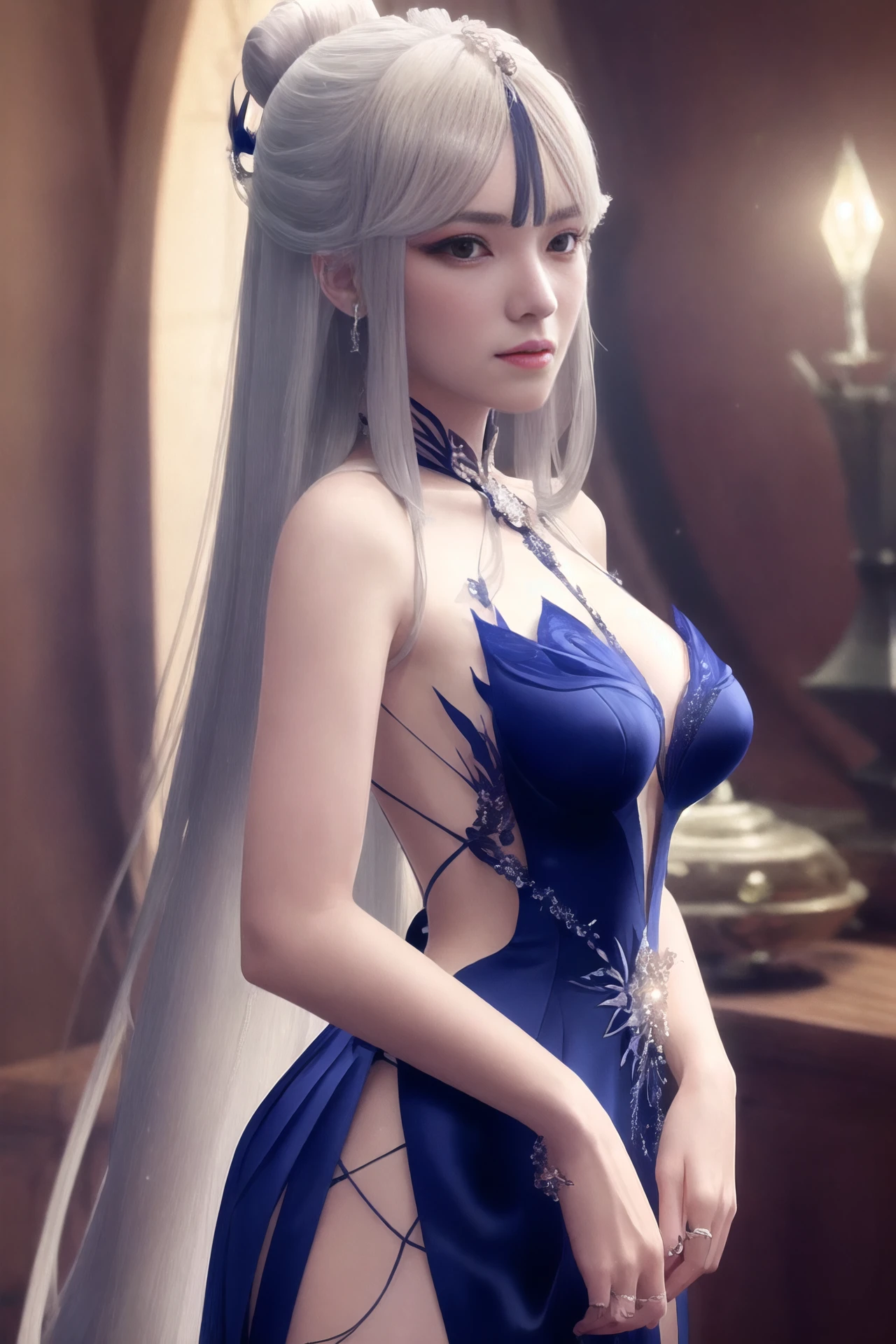(extremely detailed CG unity 8k wallpaper,masterpiece, best quality, ultra-detailed),(best illumination, best shadow, an extremely delicate and beautiful), floating, high saturation,
dynamic angle, ((1girl)), gorgeous, ningguang \(orchid's evening gown\) \(genshin impact\), cowboy shot,
white hair, red eyes, very long hair, hair ornament, bangs