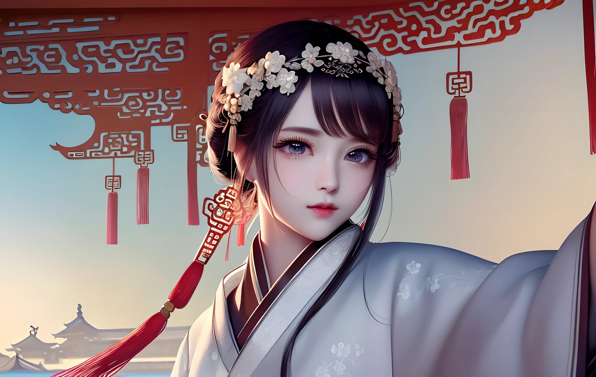 ((best quality)), ((masterpiece)) , ((ultra-detailed)), (illustration), (detailed light), (an extremely delicate and beautiful), ((1girl)), ((solo)), (beautiful detailed eyes), depth of field,
hanfu, dynamic pose,(((beautiful detailed chinese style architecture))), upper body, (((outdoors))), detailed chinese style tassel, hair flower