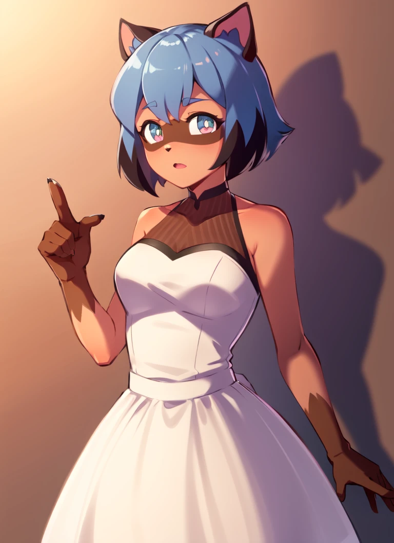 furry raccoon, 1girl, solo, raccoon ears, two-tone hair, (high quality), high res, detailed eyes, detailed shadows, white dress