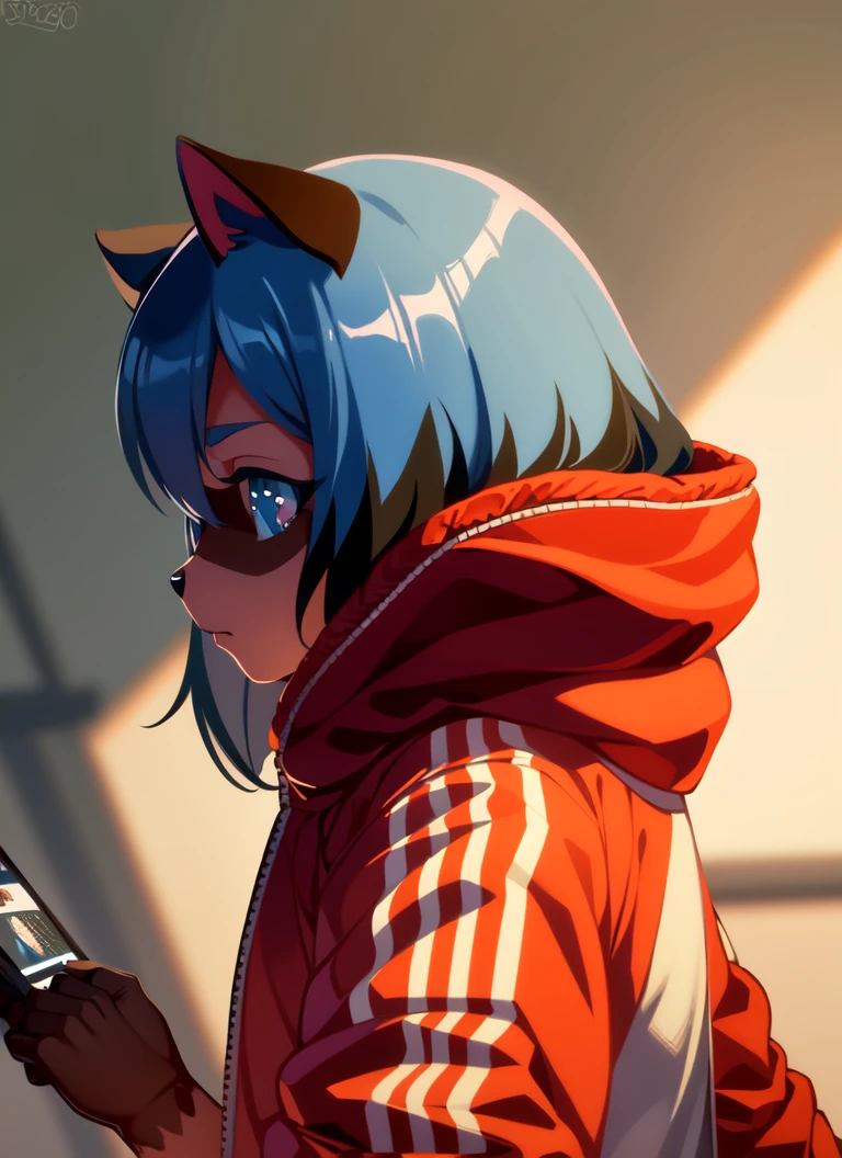 furry raccoon, 1girl, solo, raccoon ears, two-tone hair, (high quality), high res, detailed eyes, detailed shadows, red jacket, side view, (high quality), high-res, (digital painting), (8k)