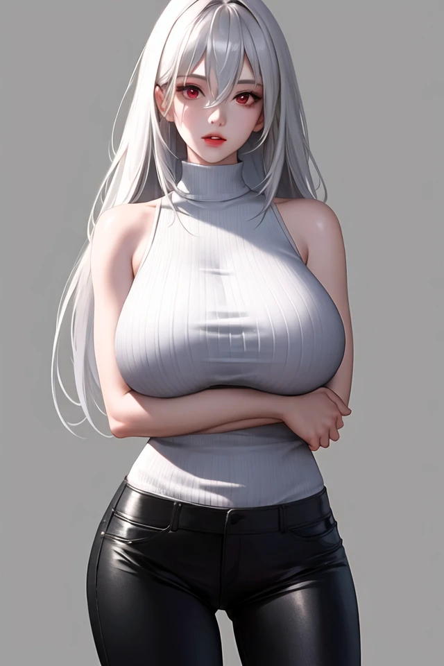 1girl, bangs, bare shoulders, black pants, breasts, breasts squeezed together, grey background, hair between eyes, huge breasts, long hair, looking at viewer, pants, parted lips, red eyes, shirt, simple background, sleeveless, sleeveless shirt, solo, turtleneck, v arms, white hair,realistic, (shiny skin),(masterpiece:1.4),(best quality:1.4)