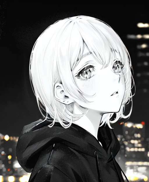 (male:1.5), in the style of <lora:marvin:0.45>, manga, medium shot, looking up, sideways view, hoodie, short hair, solo, (city background, lights, blurred:1.2), greyscale, monochrome, detailed face