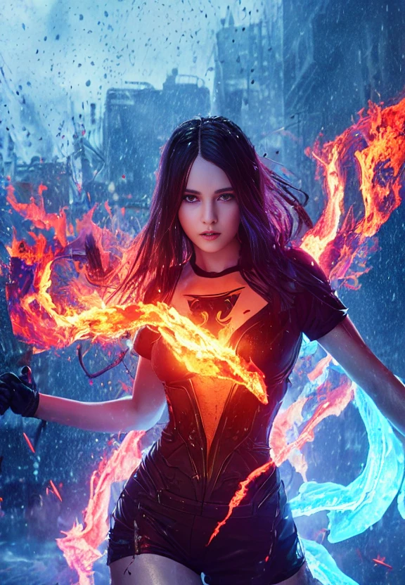 a medium shot photo of a demonic sorceress conjuring fire in a burning and destroyed gotham, protruding bones, detailed eyes, in a (T-shirt) wet from the (radioactive rain), woman with long hairs and detailed alluring eyes Thigh gap long sexy legs wearing tiny shorts mist, all wet, raining and burning, best quality masterpiece, photorealistic, detailed, 8k, HDR, shallow depth of field, broad light, high contrast, backlighting, bloom, light sparkles, flares, chromatic aberration, sharp focus, RAW color photo, modelshoot style, cinematic pallet, cyan and orangepallet
