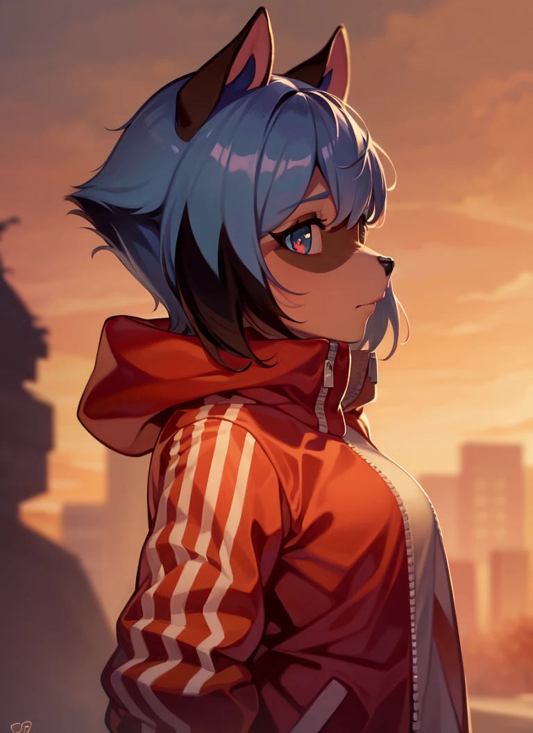 furry raccoon, 1girl, solo, raccoon ears, two-tone hair, (high quality), high res, detailed eyes, detailed shadows, red jacket, side view, (high quality), high-res, (digital painting), (8k)