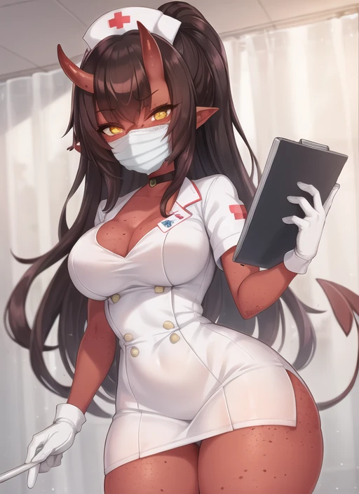 meruccubus (merunyaa), merunyaa, 1girl, brown hair, body freckles, breasts, colored skin, demon girl, demon tail, freckles, hair between horns, long hair, medium breasts, oni, oni horns, red oni, bright red skin, red tail, tail thighs, yellow eyes, cowboy shot, black choker, white mouth mask, white surgical mask, medical gloves, (nurse:1.1), holding clipboard, nurse cap, ponytail, sidelocks <lora:Meruccubus_(Merunyaa):0.5>