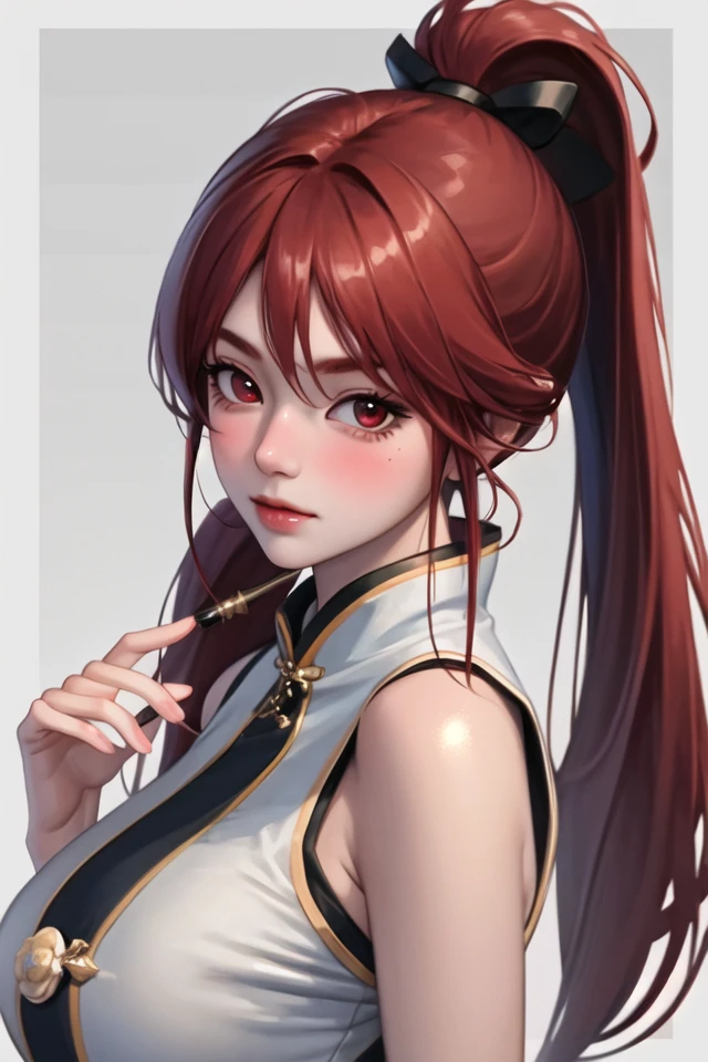 1girl, bangs, bare shoulders, black background, blush, border, breasts, china dress, chinese clothes, closed mouth, crossed bangs, dress, hair between eyes, hair intakes, hand up, long hair, looking at viewer, ponytail, red eyes, red hair, sidelocks, simple background, sleeveless, solo, upper body, v-shaped eyebrows,(shiny skin:1.2),realistic, photorealistic,(masterpiece:1.4),(best quality:1.4),(shiny skin),realistic
