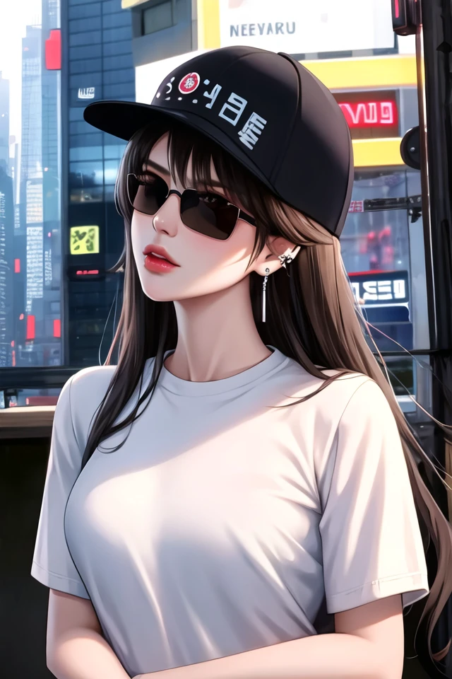 1girl, arm tattoo, baseball cap,black blindfold, black hair, brown eyes, brown hair, ear piercing, earrings,sunglasses, hat, jewelry, very long hair, looking at viewer,naughty face, piercing, ring, shirt,smoke, solo, tattoo,cityscape,neon lights,cyberpunk, white headwear, white shirt,(masterpiece:1.4),(best quality:1.4),(shiny skin),realistic