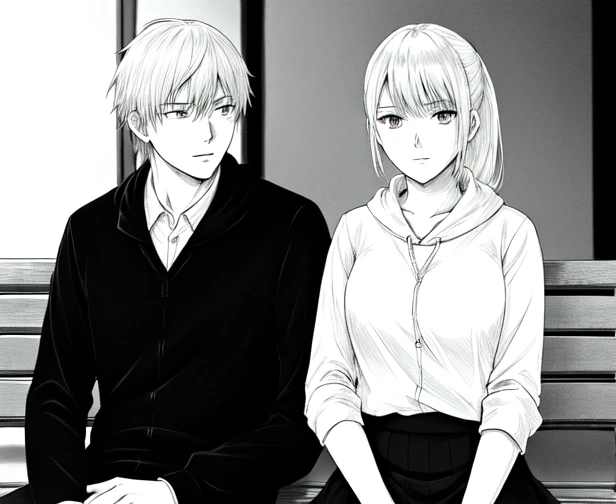 in the style of <lora:marvin:0.45>, manga, monochrome, greyscale, woman with blonde hair in a ponytail wearing collared shirt, man with black hair wearing a hoodie, sitting on a bench park, manga panel