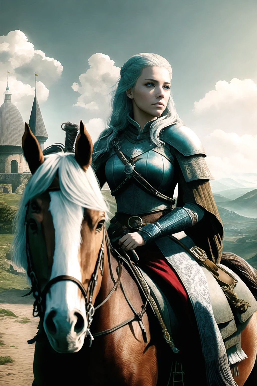from_below riding horse EvelynNobodySD15 medieval portrait fantasy princess warrior stone castle Game of Thrones dutch angle bright morning light particles (masterpiece) (best quality) (detailed) (8k) (HDR) (wallpaper) (cinematic lighting) (sharp focus) (intricate) (Style-Renaissance:0.5) Style-Witcher3
