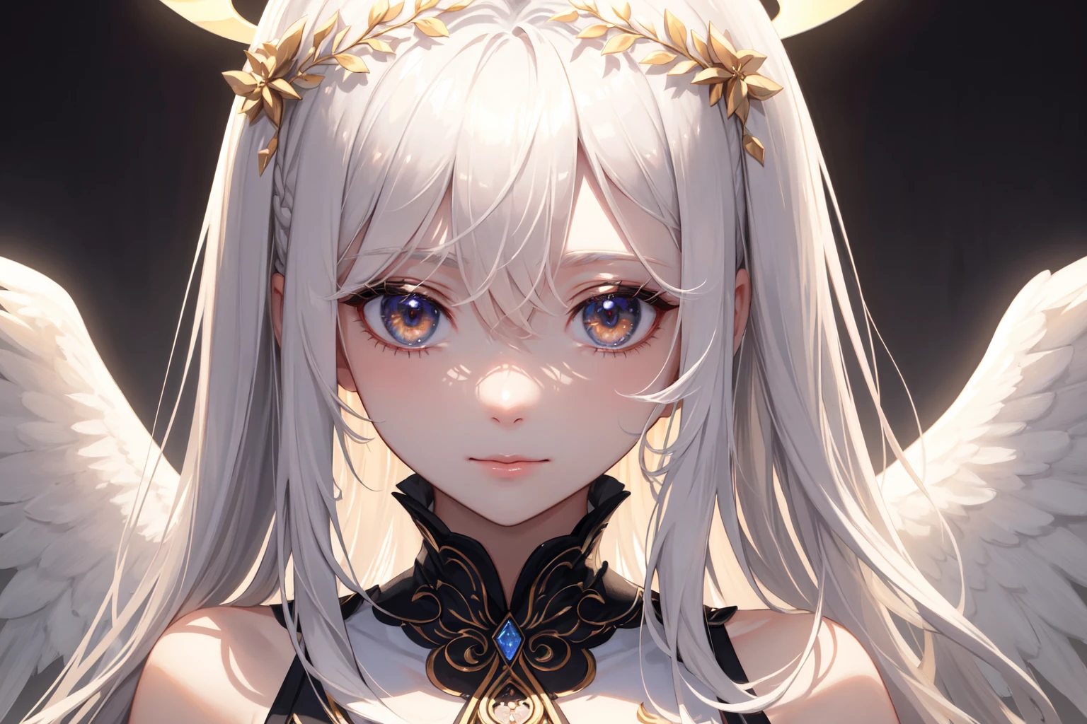 (masterpiece, sidelighting, finely detailed beautiful eyes: 1.2), ultra-detailed, illustration, close-up, straight on, face focus, 1girl, white hair, golden eyes, long hair, halo, angel wings, serene expression, looking at viewer