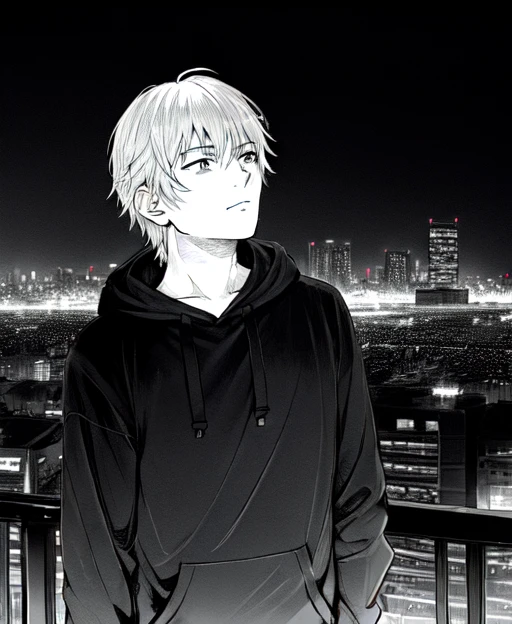 (male:1.5), in the style of <lora:marvin:0.55>, manga, medium shot, looking up, sideways view, hoodie, short hair, solo, (city background, lights:1.2)