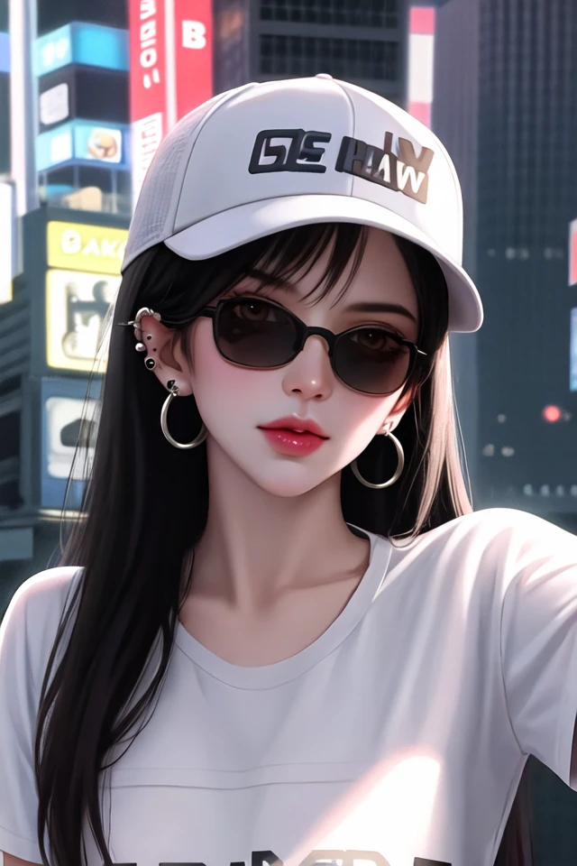 1girl, arm tattoo, baseball cap,black blindfold, black hair, brown eyes, brown hair, ear piercing, earrings,sunglasses, hat, jewelry, very long hair, looking at viewer,naughty face, piercing, ring, shirt,smoke, solo, tattoo,cityscape,neon lights,cyberpunk, white headwear, white shirt,(masterpiece:1.4),(best quality:1.4),(shiny skin),realistic