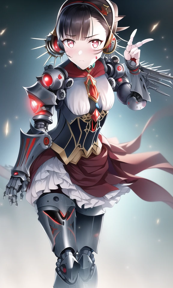 beautiful photograph of (Mono35:1.0) making the peace sign, v, double v, bored, expressionless, annoyed, (spinning), cosplay, 1girl, female android, gynoid, robotic, robot legs, flaking skin, peeling skin, (the skin on her face is damage along the jaw showing metal underneath it), ((her skin is flaking along her jaw revealing metal, her skin is peeling along the lower edge of her face showing metal, metal under flaking skin)), highres, absurdres, realistic, sharp focus, intricately detailed, detailed clothing, robot girl, dress, grey eyes, (glowing eyes), black hair, detailed face, realistic face, realistic eyes, realistic mouth, ((nose)), ((cracked skin)), flaking skin, robot joints, mechanical arms, robot ears, brooch, red neckwear, robot joints, science fiction, steampunk, hair ornament, metal skin, four fingers, one thumb, detailed hands, accurate hands, headgear, prosthetic arm, prosthesis, ((gears)), geared shoulder joint, gear joint, gears on shoulder, geared joints, geared elbow, geared knee, damaged, long hair, detailed gears, realistic gears, (glowing red pupils), skin flaking on edges of face showing metal underneath, fake flesh, detailed eyes, expressive eyes, grey eyes and (red pupils),
1girl, long hair, solo, (robot joints), armor, gauntlets, black hair, looking at viewer, bangs, mechanical arms, headphones, dress, android, medium breasts, ((joints)), blunt bangs, closed mouth, red eyes, standing, skirt, mechanical hands, holding, eyebrows visible through hair, armored corset, red jewels, robot, cyborg, mechanical parts, mechanical legs, cinematic lighting, dynamic shot, action shot, mechanical hands, (((red pupils))), (bright pupils),
detailed face, ((game cg)), ((cygames)), (official art), accurate face, realistic face, detailed mechanical parts, mecha musume, humanoid robot, beautiful face, perfect face, (cracked skin), artificial skin that is coming off, robot underneath skin, terminator, robotic endoskeleton, robotic skeleton, incredibly detailed mechanical parts, mechanical drawing, artificial skin, artificial, wiring, exposed wiring, wires,