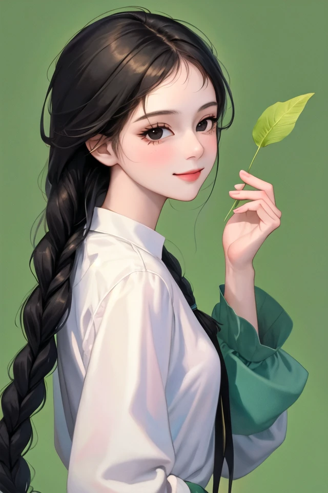 (masterpiece:1.4),(best quality:1.4),(extremely delicate and beautiful:1.2),1girl, black eyes, black hair, braid, closed mouth, eyelashes, from side, green background, hand up, holding, leaf, long hair, long sleeves, looking at viewer, looking to the side, smile, solo, upper body