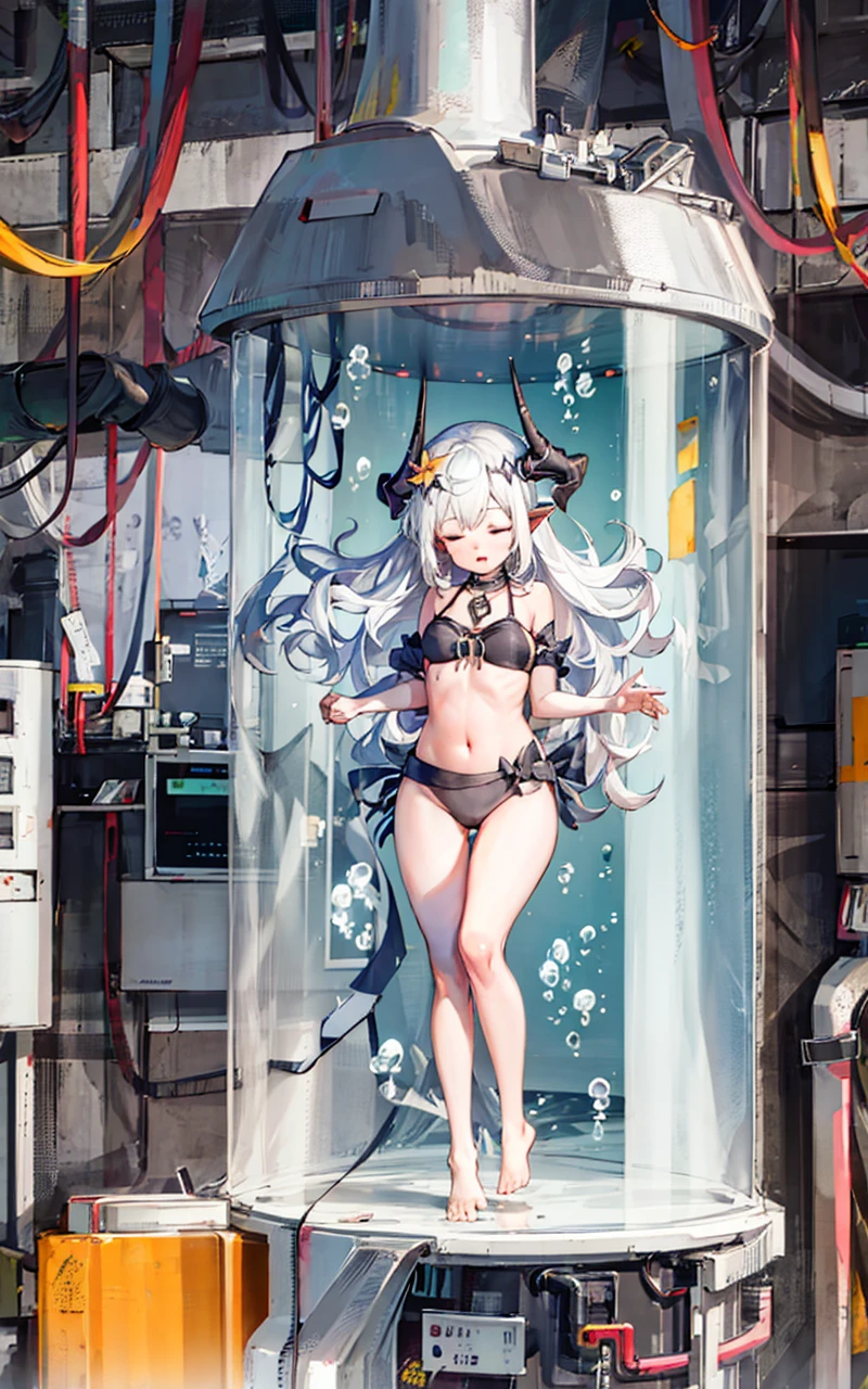 masterpiece,1girl,solo,
,<lora:MudrockSummerV1-000008:0.8>,(horns:1.3),white hair,long hair,very long hair,navel,closed eyes,
<lora:cultivation_tankV1-000008:1.2>,cultivaion_tank,(underwater:1.5), bubble, in container,barefoot,