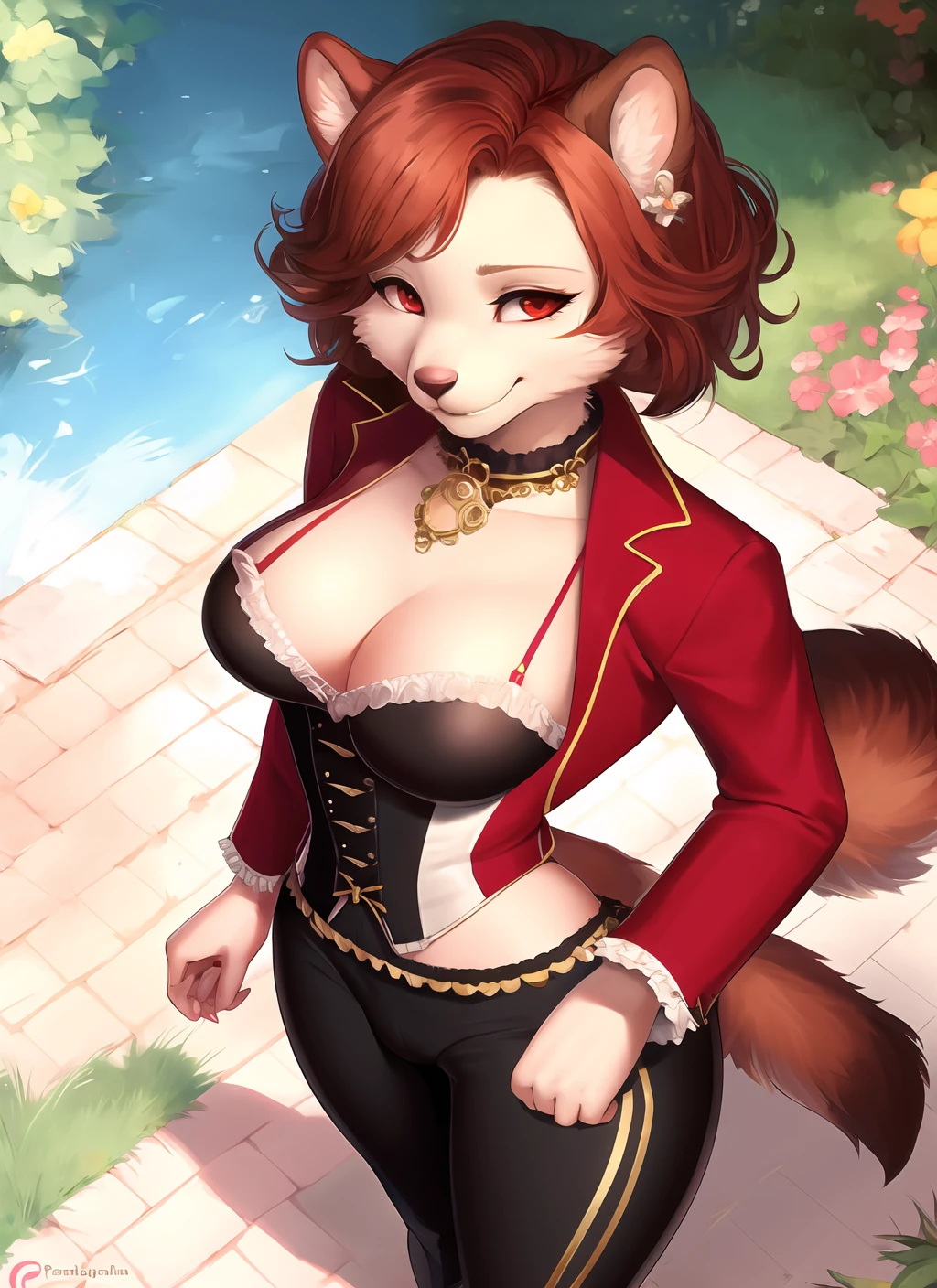 uploaded on e621, by personalami, Michael & Inessa Garmash, Ruan Jia, Pino Daeni, garden, solo (bright red) ((female)) anthro, (high angle shot), detailed face, detailed eyes, detailed fluffy fur, fluffy tail, short hair, digitigrade, seductive pose, suit, fancy pants, digital painting, natural lighting, cleavage, photorealistic (pinup) (Victorian clothing) medals (smug face) smiling (cocky), eyewear, steampunk, golden jewelry, (furry hands)