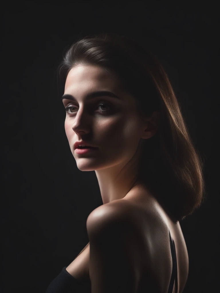 masterpiece portrait of a young woman MelikaForoutan01, profile pose,
sexy pudica pose gesture, looking at viewer chiaroscuro portrait,
matte painting portrait,
dark portrait,
standing in the middle of a black background,
elegant body structure, Two tone lighting, octane, unreal, to8 contrast style, 