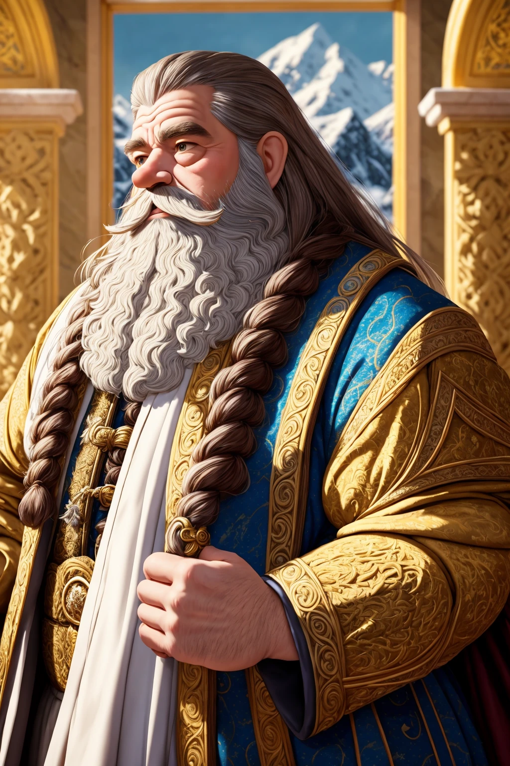 modelshoot style from_side ornate royal robes embroidered runes (royal elderly male dwarf:1.2) dwarven king magnificent palace snowy mountains (granite marble:1.1) (gold inlay:0.3) thick braided beard bright morning light
(masterpiece:1.5) (painting) (weighted lines) (best quality) (detailed) (intricate) (8k) (HDR) (wallpaper) (cinematic lighting) (sharp focus) (Style-Winter:0.5)