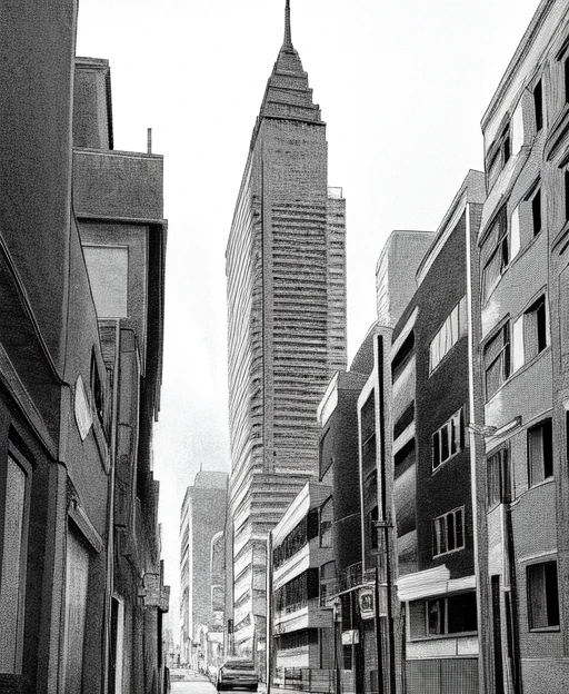 in the style of <lora:marvin:0.45>, manga, monochrome, greyscale, looking up, building, city street