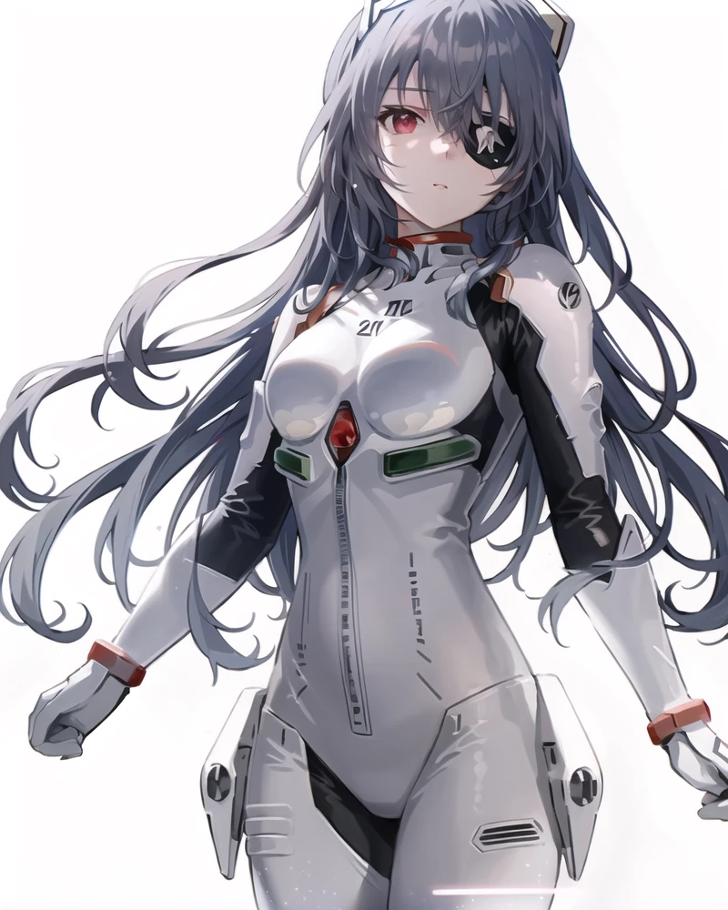 best quality,highly detailed,masterpiece,ultra-detailed,solo,1girl,(white background:1.5),(Delicate eyes),plugsuit, 1girl, star_\(sky\), long_hair, starry_sky, bodysuit, ayanami_rei, solo, night_sky, red_eyes, red_background, breasts, white_bodysuit, eyepatch, pilot_suit, lance_of_longinus, bangs, light_particles, interface_headset, souryuu_asuka_langley