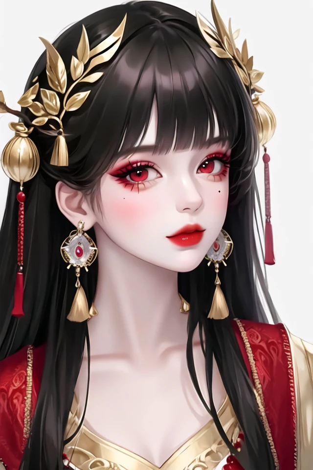 1girl, bangs, black hair, blunt bangs, closed mouth, earrings, eyelashes, eyeshadow, facial mark, hair ornament, headdress, jewelry, lips, long hair, looking at viewer, makeup, multicolored hair, portrait, red eyes, red lips, simple background, solo, tassel, white background, (shiny skin),(masterpiece:1.4),(best quality:1.4),realistic