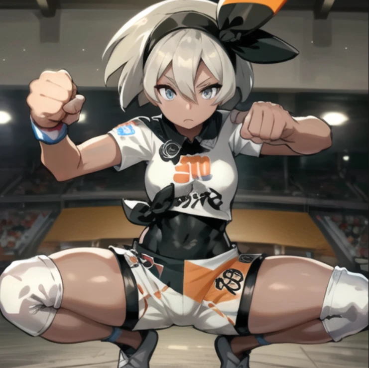 beautiful, masterpiece, best quality, extremely detailed face, perfect lighting, 1girl, solo, grey eyes, <lora:Bea:0.9>,bea \(pokemon\), bodysuit, black bodysuit, print shirt, print shorts,squatting, spread legs, knee pads, clenched fist, outstretched arm