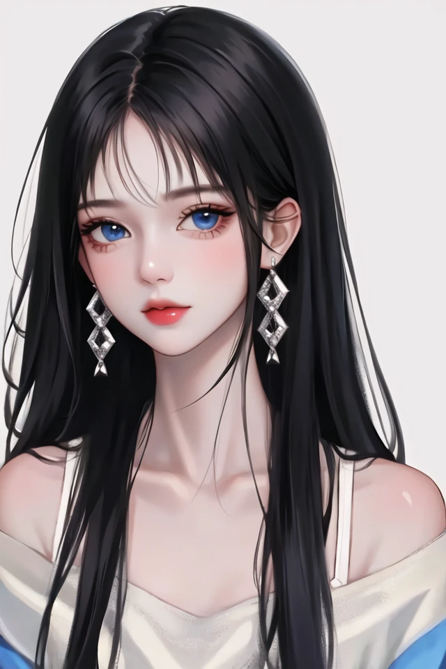 1girl, black hair, blue eyes, closed mouth, collarbone, earrings, jewelry, lips, long hair, looking at viewer, parted bangs, portrait, simple background, solo, white background,(shiny skin),puuzaki puuna,(masterpiece:1.4),(best quality:1.4)
