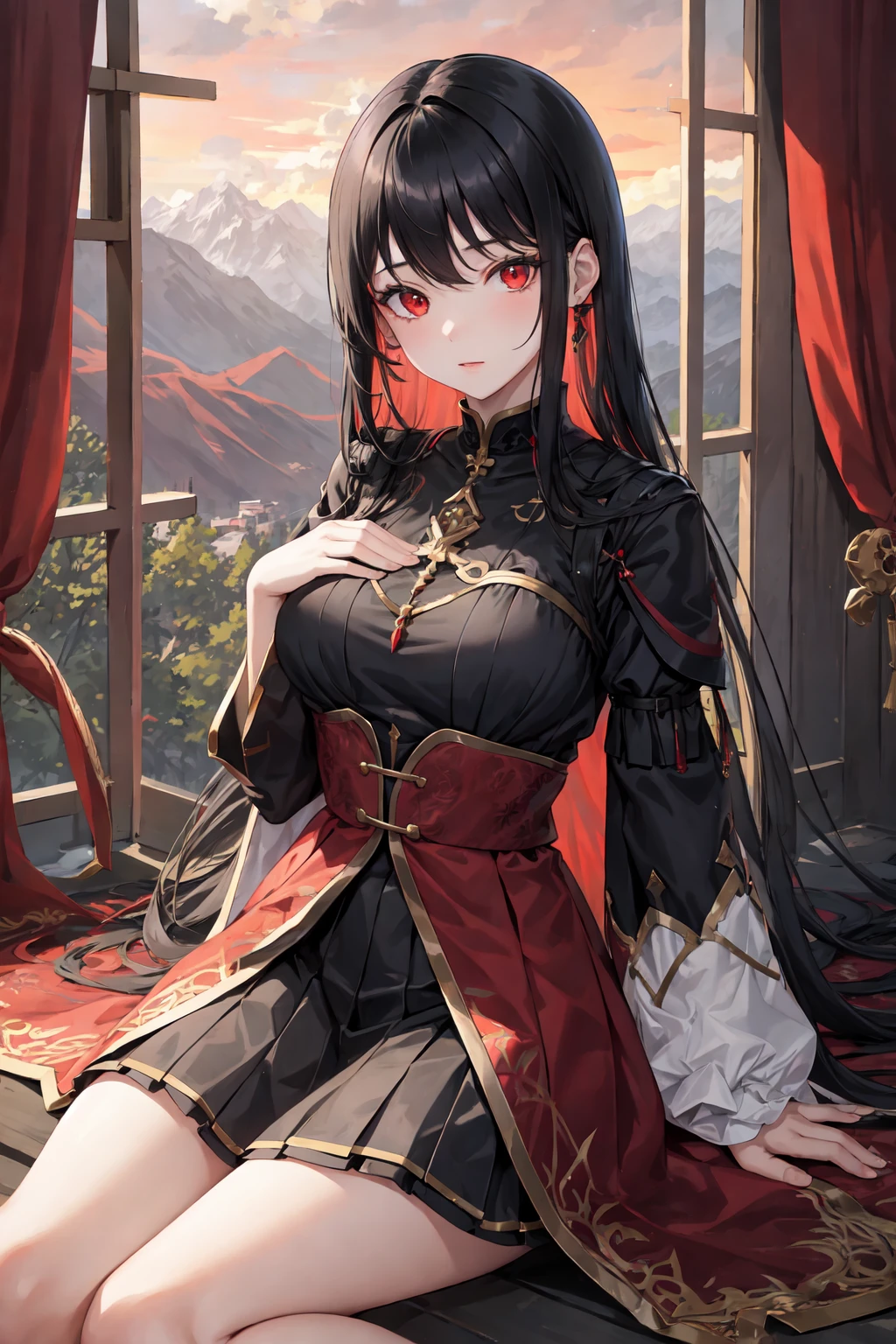 1girl, black hair, red eyes, sitting, fantasy clothes, window with a mountain outside during dawn,