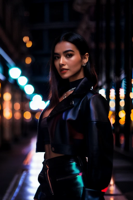 photo of a woman wearing fashion posing seductively on a city street at night with rim lighting, vignetting, unreal, octane to8contrast style