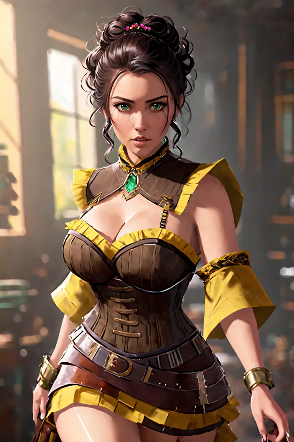 sexy senorita bandito western RPG character painting brunette hair upsweep updo emerald corset ammo bandolier vest skirt cantina interior billowing poncho
(masterpiece:1.4) (best quality:1.4) (8k) (HDR) (wallpaper) (cinematic lighting) (sharp focus) (intricate) Style-Sylvamagic (EvelynNobodySD15:1.0) <lora:AtoZovyaRPGLora1:1>