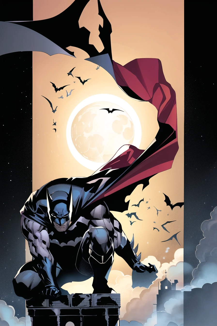 jim lee,
1boy, batman, bat \(animal\), black bodysuit, black gloves, bodysuit, boots, cape, cowl, full moon, gloves, male focus, mask, moon, muscular, night, solo
, ((masterpiece))
<lora:jim_lee_offset:1>