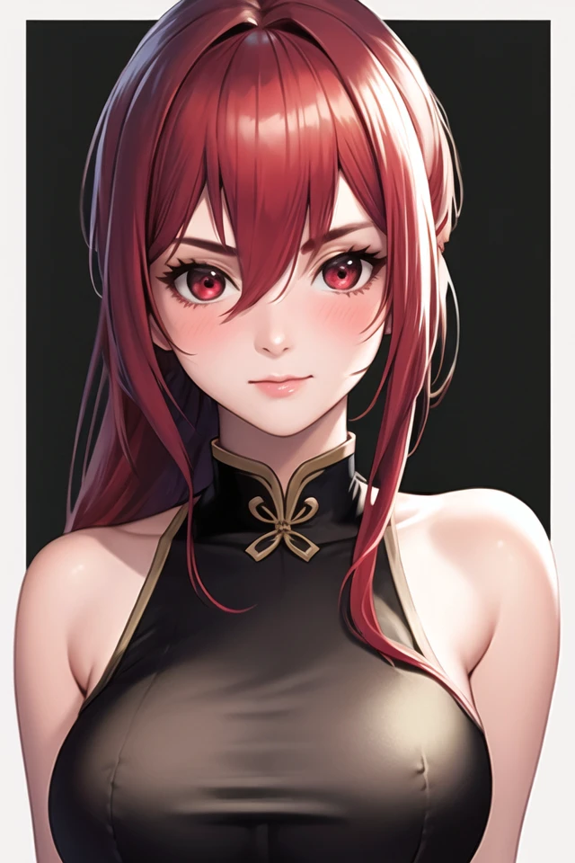 1girl, bangs, bare shoulders, black background, blush, border, breasts, china dress, chinese clothes, closed mouth, crossed bangs, dress, hair between eyes, hair intakes, hand up, long hair, looking at viewer, ponytail, red eyes, red hair, sidelocks, simple background, sleeveless, solo, upper body, v-shaped eyebrows,(masterpiece:1.4),(best quality:1.4),(shiny skin),(realistic)