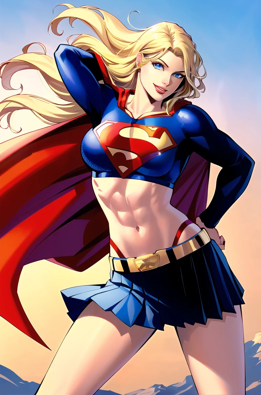 jim lee,
1girl, supergirl, sky, abs, arms up, belt, belt buckle, blonde hair, blue eyes, blue skirt, breasts, buckle, cape, crop top, day, emblem, eyelashes, gold belt, gold trim, impossible clothes, impossible shirt, large breasts, long hair, long sleeves, looking at viewer, microskirt, midriff, navel, outdoors, parted lips, pleated skirt, red cape, shadow, shirt, skirt, smile, solo, superhero, toned, yellow belt, wind lift,
, ((masterpiece))
<lora:jim_lee_offset:1>