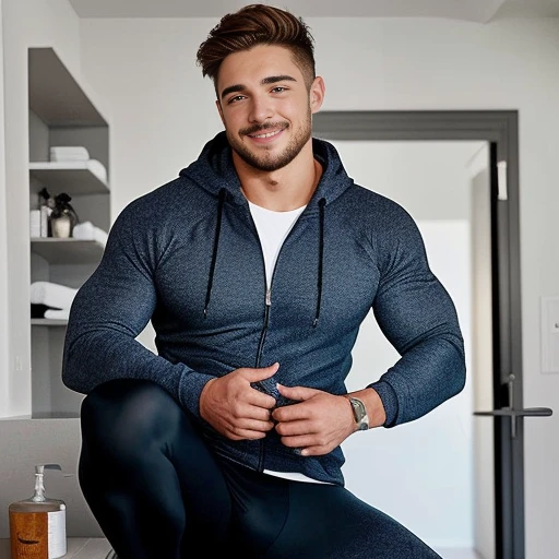 male focus, wearing a Nike compression shirt and leggings, squatting, photo of sc_nxn  <lora:sc_nxn-07:0.85>, industrial warehouse with high ceilings and large windows, gym equipment in the background, soft diffused lighting, (smiling:0.5)