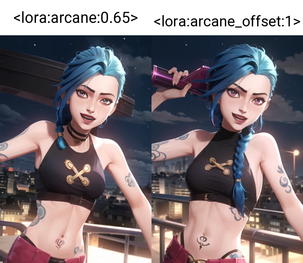 arcane style,
1girl, arm tattoo, asymmetrical bangs, bangs, blue hair, braid, brown shirt, cloud tattoo, looking at viewer, laughing, crazy, uncontrollable laugh, mad look, night, city, green hair, long hair, midriff, pink eyes, red lips, shirt, solo, standing, tattoo, twin braids, upper body, arcane jinx, jinx \(league of legends\)
<lora:arcane:0.65>