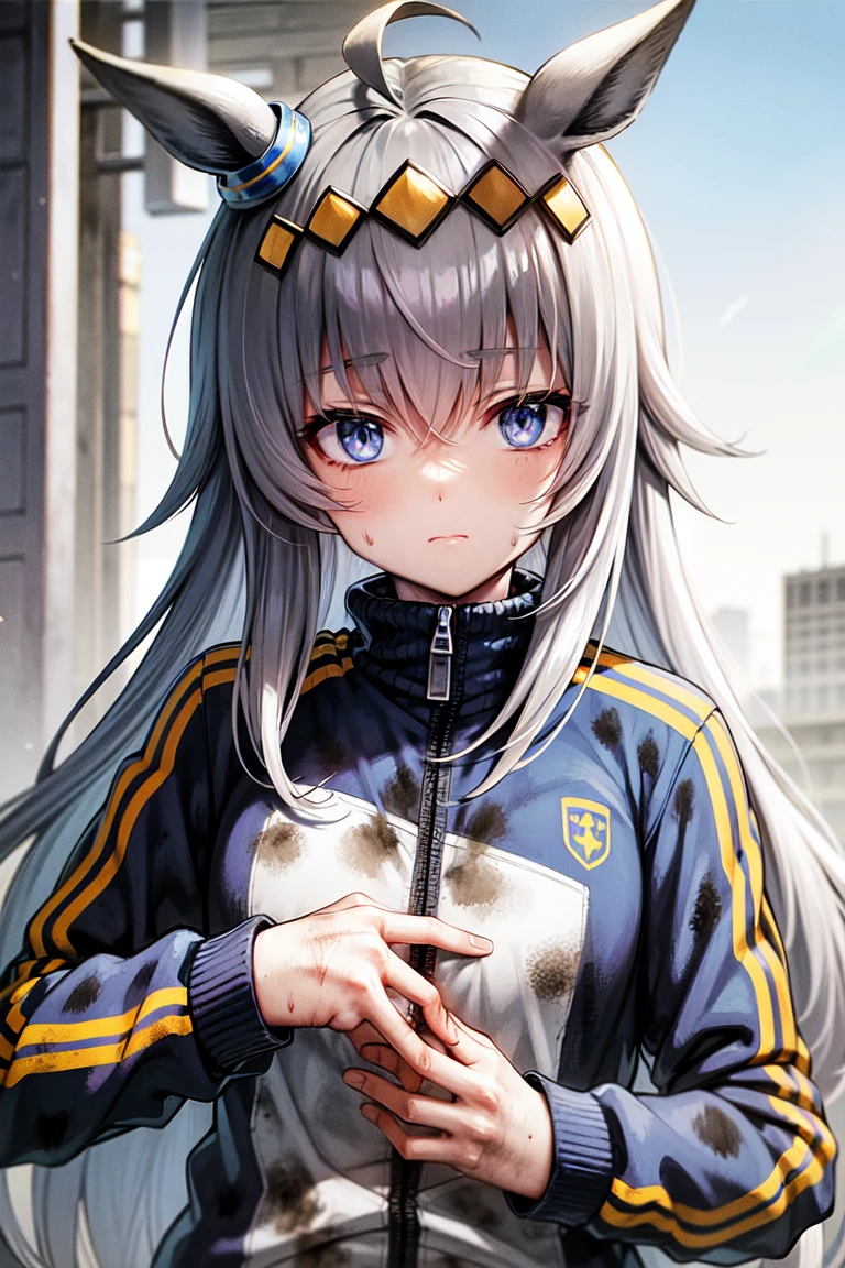 masterpiece, best quality,
oguri cap \(umamusume\),
track jacket, dirty clothes, long sleeves, closed mouth, dirty face, blue jacket,
upper body,
<lora:oguri_cap_lora-000007:0.7>