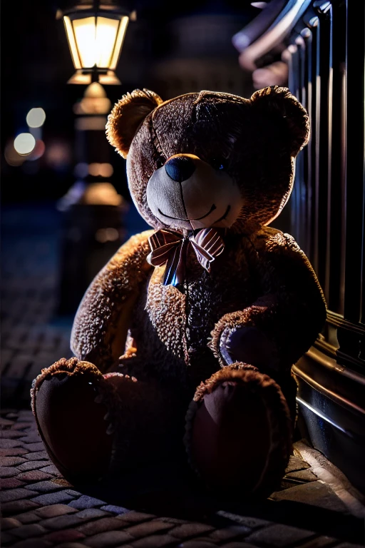photo of a realistic giant teddy bear under a street lamp at night, rembrandt lighting, bokeh, octane, unreal, to8contrast style