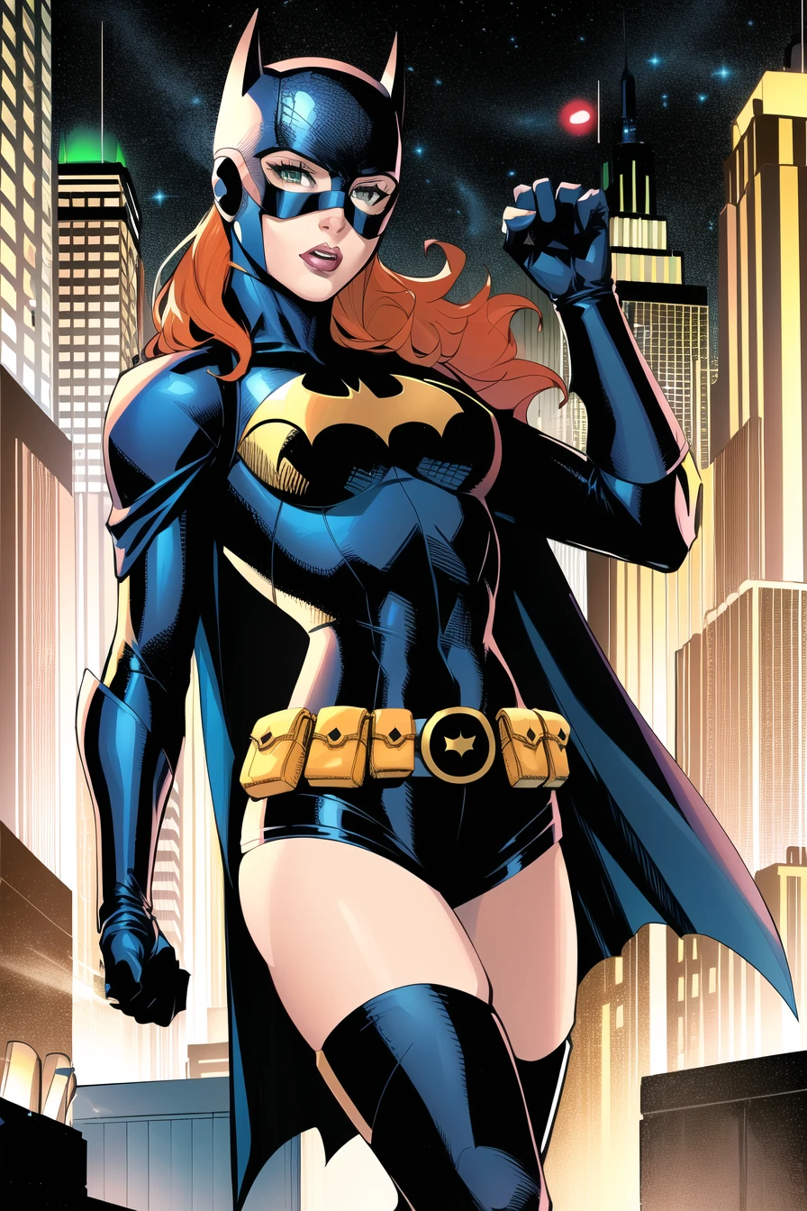 jim lee,
1girl, barbara gordon, batgirl, belt, bodysuit, breasts, cape, domino mask, gloves, green eyes, long hair, mask, orange hair, pouch, solo, superhero, yellow gloves, ((night)), city,
, ((masterpiece))
<lora:jim_lee_offset:1>