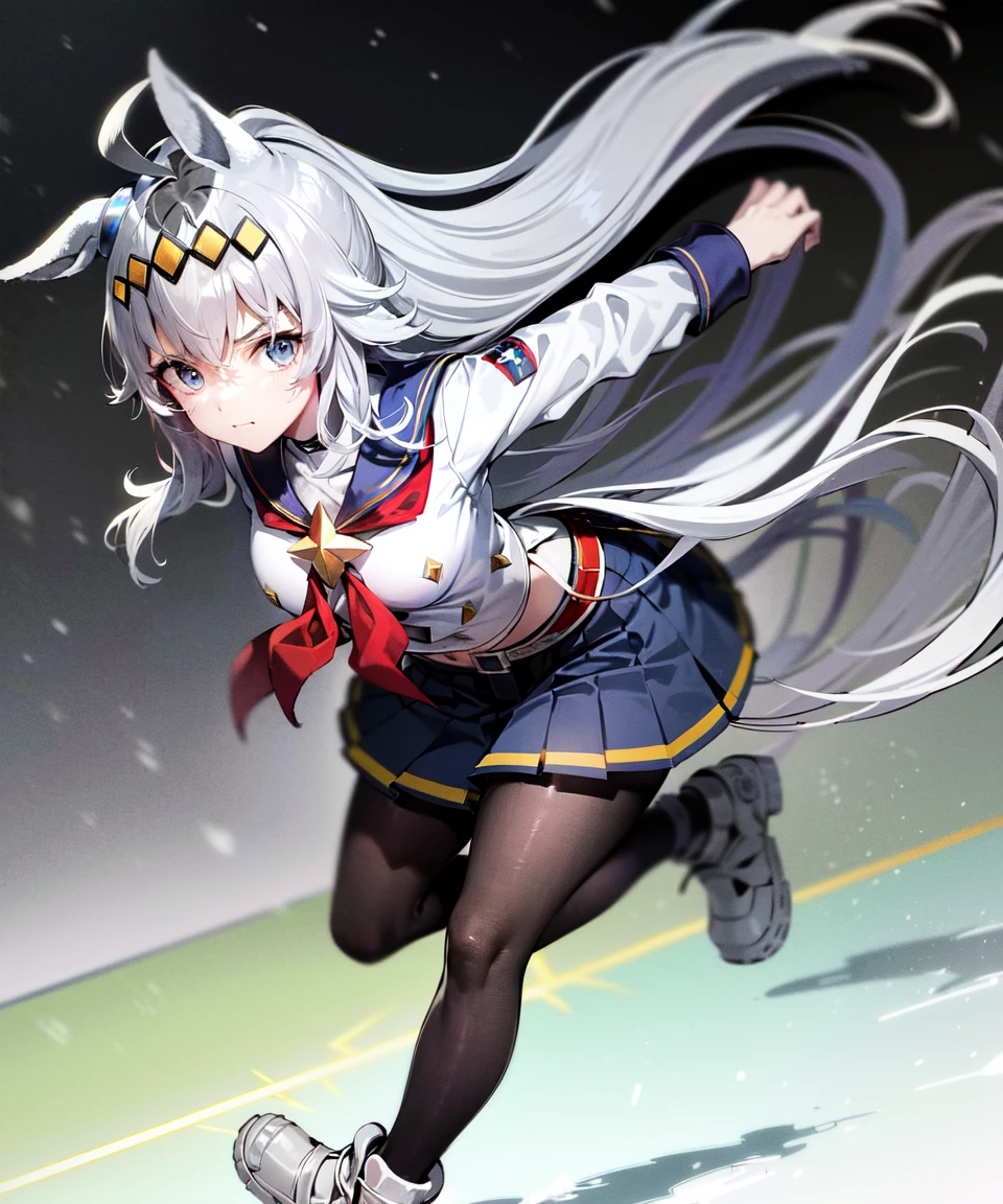 masterpiece, best quality,
oguri cap \(umamusume\), closed mouth, (running:1.3), dynamic angle, light ray,
navel, blue skirt, long sleeves, pleated skirt, sailor collar, red neckerchief, belt, black pantyhose, white jacket, white shirt, grey footwear,
full body, snow stadium ,
<lora:oguri_cap_lora-000007:0.8>