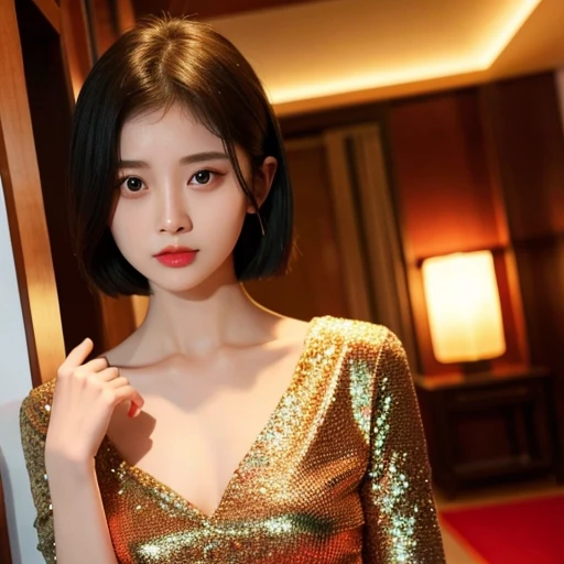 Jingyi with short hair, high res, 1girl, chinese,<lora:Jingyi:0.8>, look at viewer,(pale skin),(long hair:1.2),(small breasts),gold hair,green eyes,  <lora:koreanDollLikeness_v10:0.2>