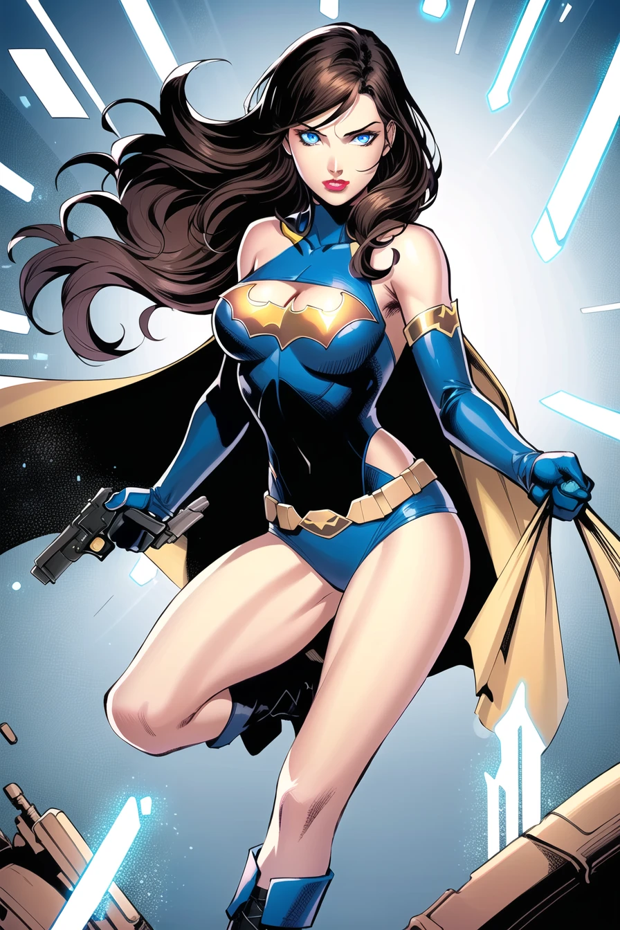 jim lee,
1girl, solo, cape, (yellow cape), gloves, (((cleavage cutout))), ((cleavage)), brown hair, elbow gloves, clothing cutout, leotard, blue eyes, weapon, boots, long hair, gun, handgun, breasts, belt, superhero, blue suit, (blue costume), makeup, lipstick, medium breasts, (glowing eyes), glowing, bare shoulders, bare legs, ice,
, ((masterpiece))
<lora:jim_lee_offset:1>