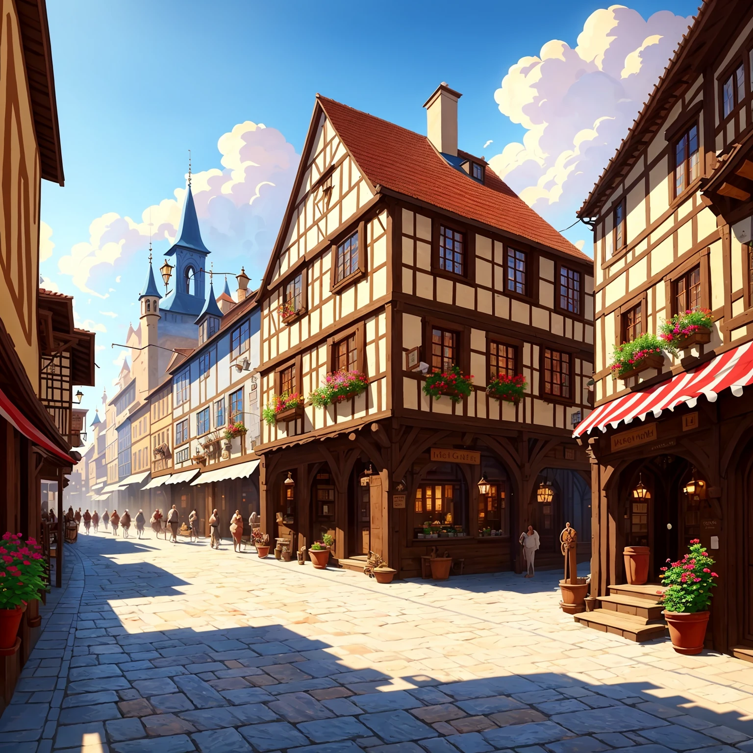dnd best quality masterpiece atmospheric digital painting artwork 4k 8k highly detailed colorful wealthy (beautiful winding medieval city street:1.2) shops taverns people market horses (bright morning light:1.1) particles sunny blue sky mat painting, key visual anime background screencap <lora:AtoZovyaRPGLora1:0.7> (Style-Renaissance:0.7) (Style-Empire:0.4)