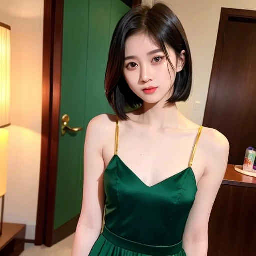 Jingyi with short hair, high res, 1girl, chinese,<lora:Jingyi:0.8>, look at viewer,(pale skin),(long hair:1.2),(small breasts),gold hair,green eyes,  <lora:koreanDollLikeness_v10:0.2>