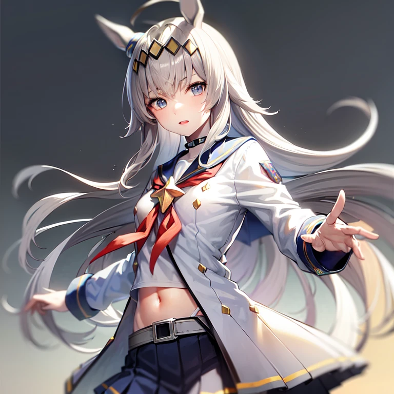 masterpiece, best quality, 
oguri cap \(umamusume\), 
blue skirt, long sleeves, belt, pleated skirt, black pantyhose, red neckerchief, midriff, navel, white shirt, jacket, blue sailor collar,
cowboy shot, 
<lora:oguri_cap_lora-000007:0.7>