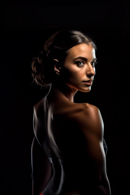 masterpiece portrait of a young woman, Profile pose,
sexy pudica pose gesture,
chiaroscuro portrait,
matte painting portrait shot,
Dark portrait,
standing in the middle of a black background,
graceful body structure, two tone lighting, octane, unreal, to8contrast style