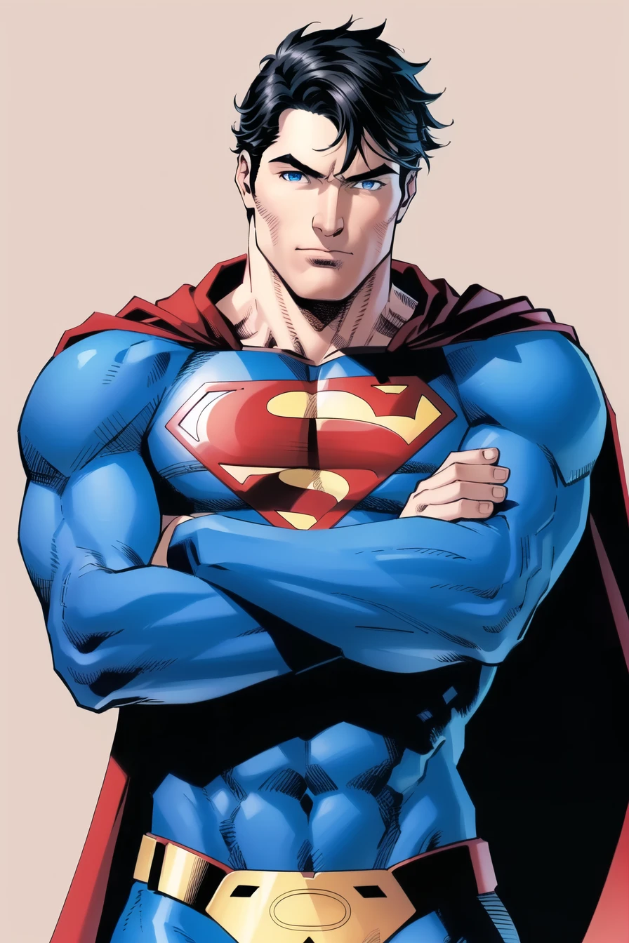 jim lee,

1boy, superman abs, bara, black hair, blue bodysuit, blue eyes, bodysuit, cape, closed mouth, crossed arms, large pectorals, male focus, muscular, muscular male, pectoral lift, pectorals, red cape, short hair, simple background, solo, superhero, upper body

, ((masterpiece))

<lora:jim_lee_offset:1>
