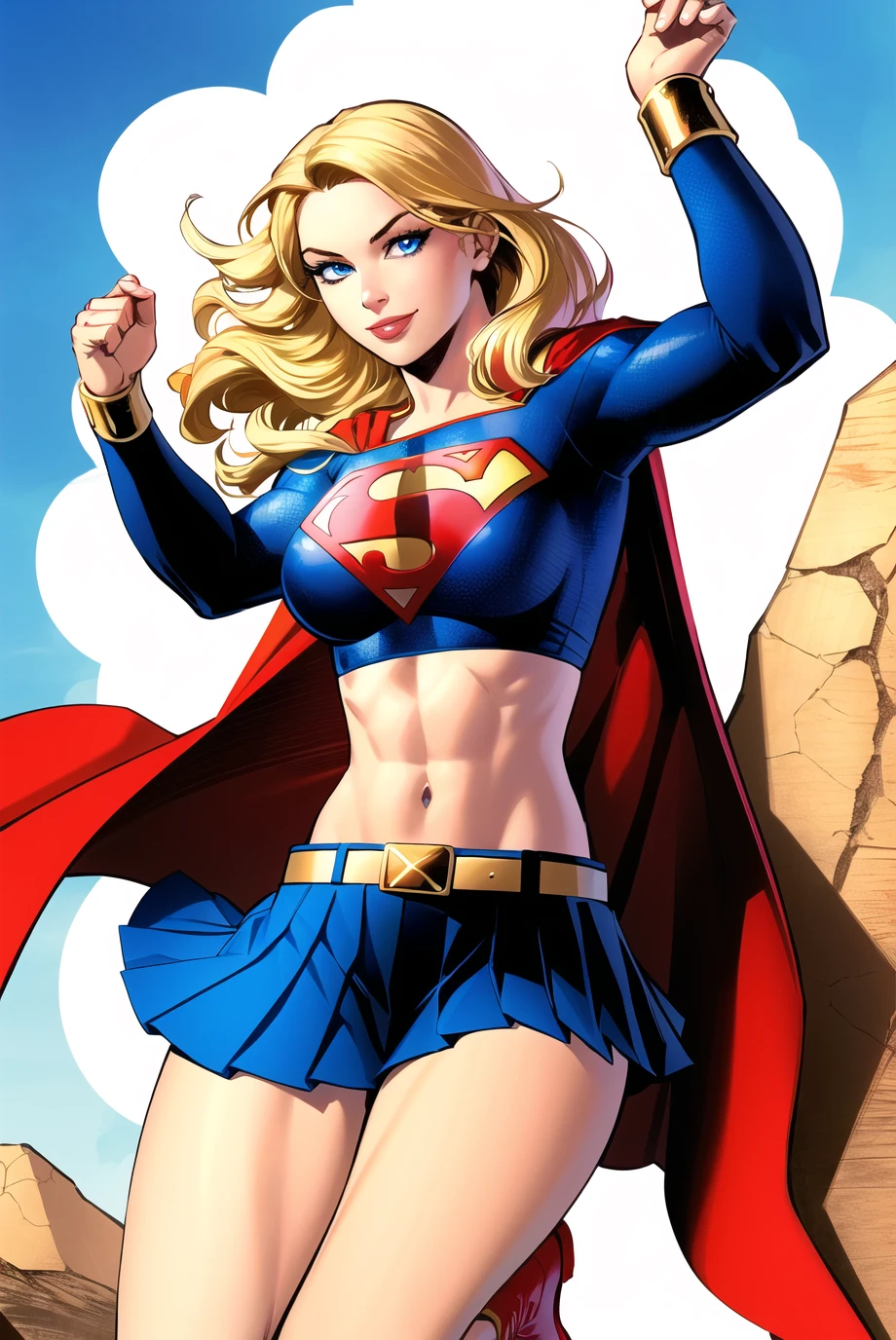jim lee,
1girl, supergirl, sky, abs, arms up, belt, belt buckle, blonde hair, blue eyes, blue skirt, boots, breasts, buckle, cape, crop top, day, emblem, eyelashes, flying, gold belt, gold trim, impossible clothes, impossible shirt, large breasts, long hair, long sleeves, looking at viewer, microskirt, midriff, navel, nose, outdoors, parted lips, pleated skirt, red cape, red footwear, rock, shadow, shirt, skirt, smile, solo, superhero, toned, watermark, yellow belt
, ((masterpiece))
<lora:jim_lee_offset:1>