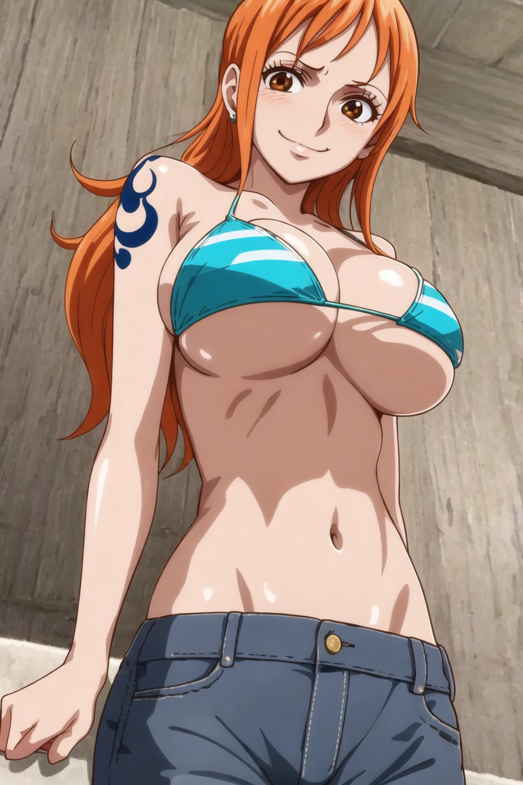 1girl,solo,  <lora:KyabakurabakufuV2.2:0.5>,  (nami_8000:0.9), full body, aqua stripes,green and white striped bikini top, polka dot and stripes,blue jeans, pants, long hair, brown eyes, shoulder tattoo, from below, v, smile, narrow waist, skinny, cleavage,, (masterpiece:1.0), (best quality:1.0), (8k wallpaper:1.0), extremely delicate and beautiful, (beautiful detailed face:1.0), (detailed deep eyes),  symmetrical breasts, deep eyes,